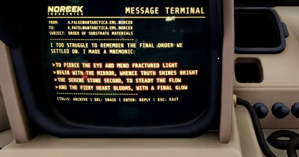 Crystal-order message terminal with the mnemonic for mirror first, serene stone second and fiery heart last.