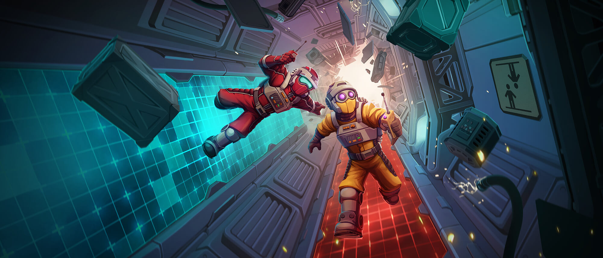 Two Explorers floating among retro-futuristic laboratory equipment.