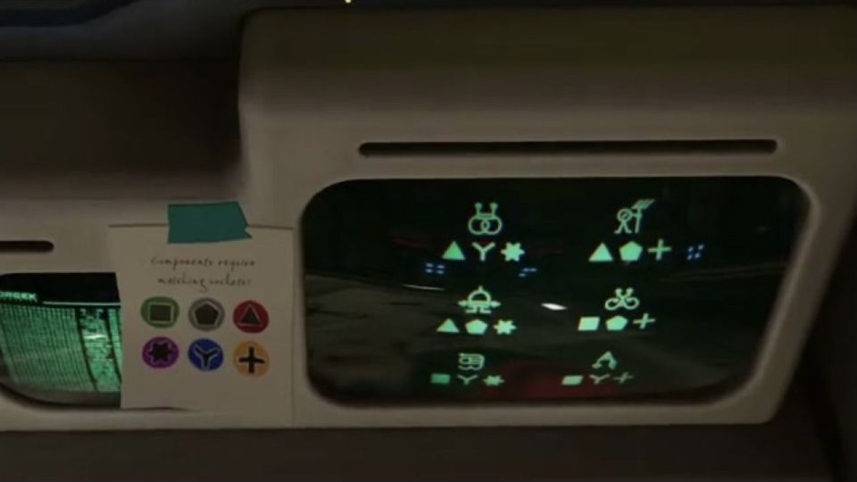 Laboratory monitor showing six picture cards and their three-symbol labels, beside the color-to-shape note.